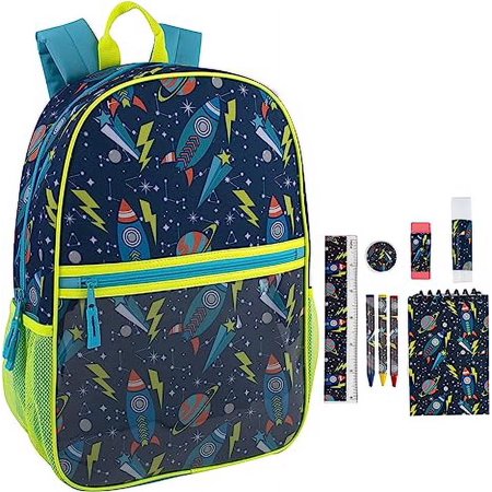 Boys 17 Inch School Backpack with Matching School Supplies Bundle - Containing Crayons, Ruler, Gluestick, Eraser, Pencil Sharpener and Notepad (Turbo Rocketships)