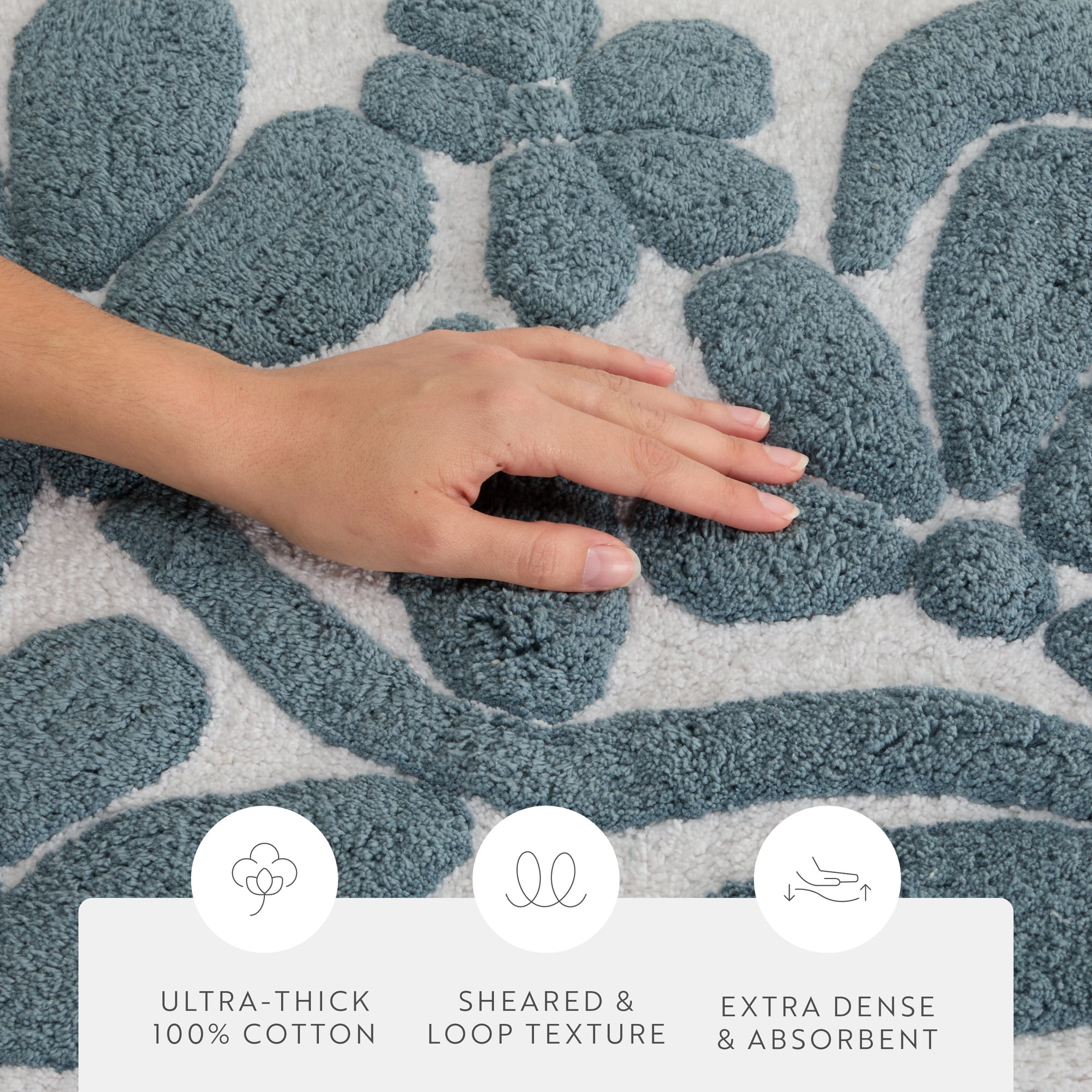 Noble Linens Floral Pattern Cotton Bath Mat, 34 in x 21 in, Floral Light Blue