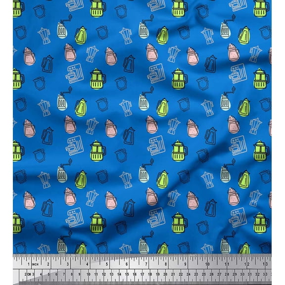 Soimoi Blue Cotton Voile Fabric Coffee Machine & Jug Kitchen Decor Fabric Printed Yard 56 Inch Wide
