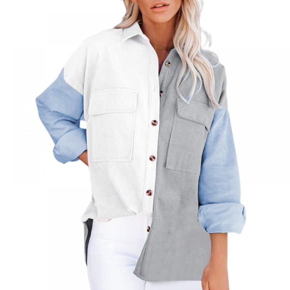 Women‘s Color Block Corduroy Shirt Coats Long Sleeve Button Down Blouses Tops with Pockets
