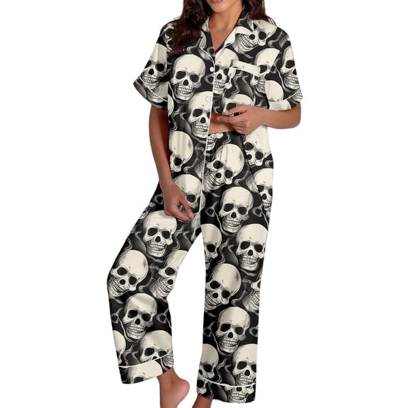 MVRLSH Womens Pajama Sets for Women 2 Piece Halloween Pumpkin Print Button Short Sleeve Top And Wide Leg Pant Plus Size wear Soft Sleepwear Lounge Set Gray - XL
