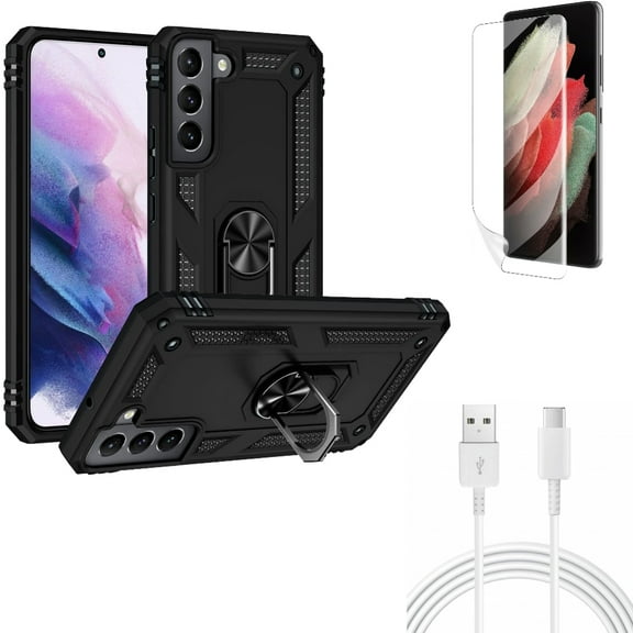 10ft USB-C Cable & Matte Screen Protector & Hybrid Case Cover for Samsung Galaxy S22 Plus (S22 ) - Combo Type-C Charger Cord Power & TPU Film Anti-Glare & Metal Ring Kickstand