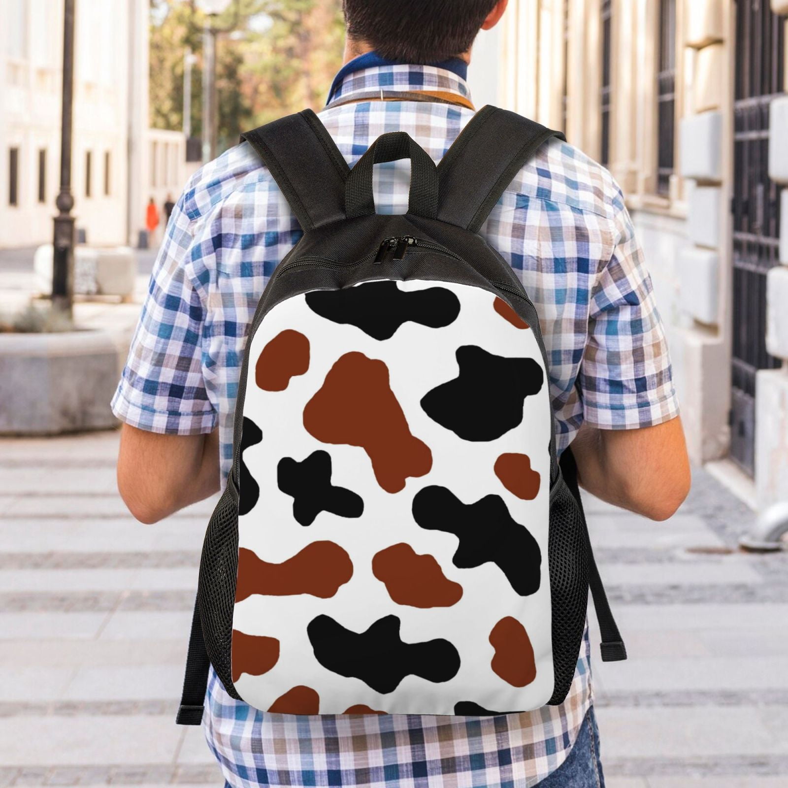 Xecao Brown Black Cow Print School Backpack with Laptop Compartment Small Travel Laptop Backpack for Women Men Waterproof College Backpack Simple School Bag