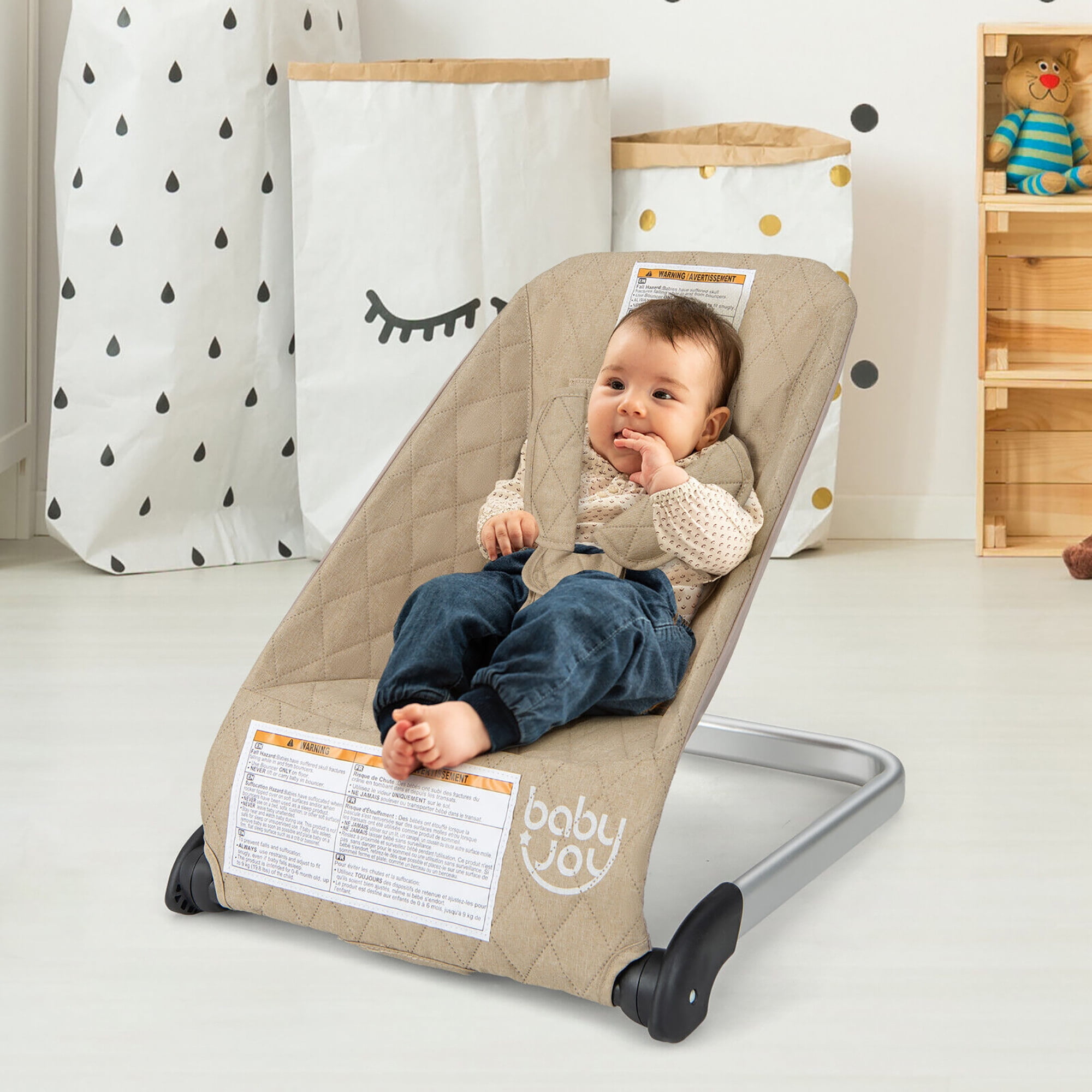 Gymax Folding Infant Bouncer Portable Baby Rocker w Breathable Backrest Aluminum Beige Walmart