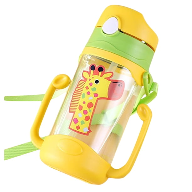 Botella de agua de 400 ml para bebés, a prueba de fugas, con asa, para niños pequeños, con dibujos animados, portátil, a prueba de fugas, con pajita