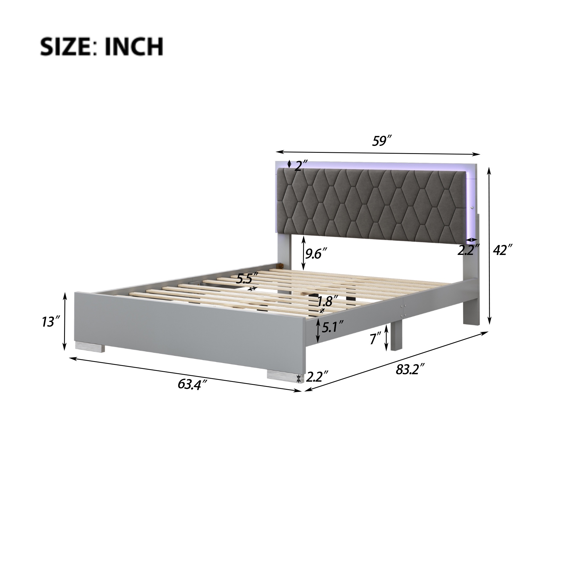 PORKISS Queen Size Bed Frame, Modern Upholstered Bed with LED Light, Wood Platform Bed with with Velvet Headboard, Grey