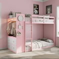 thumbnail image 2 of Newest Twin over Twin Bunk Bed with 4 Drawers & Wardrobe, Modern Wood Frame with Light Strip and Pegboards, Pink, 2 of 13