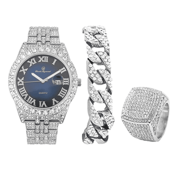 Charles Raymond Fully Iced Out Crystal Diamond Mens Watch w/Easy Read Date and w/Roman Numerals - Combo with Designer Hip Hop Blinged Out Bracelet and Ring- ST10226RND Silver Navy,8