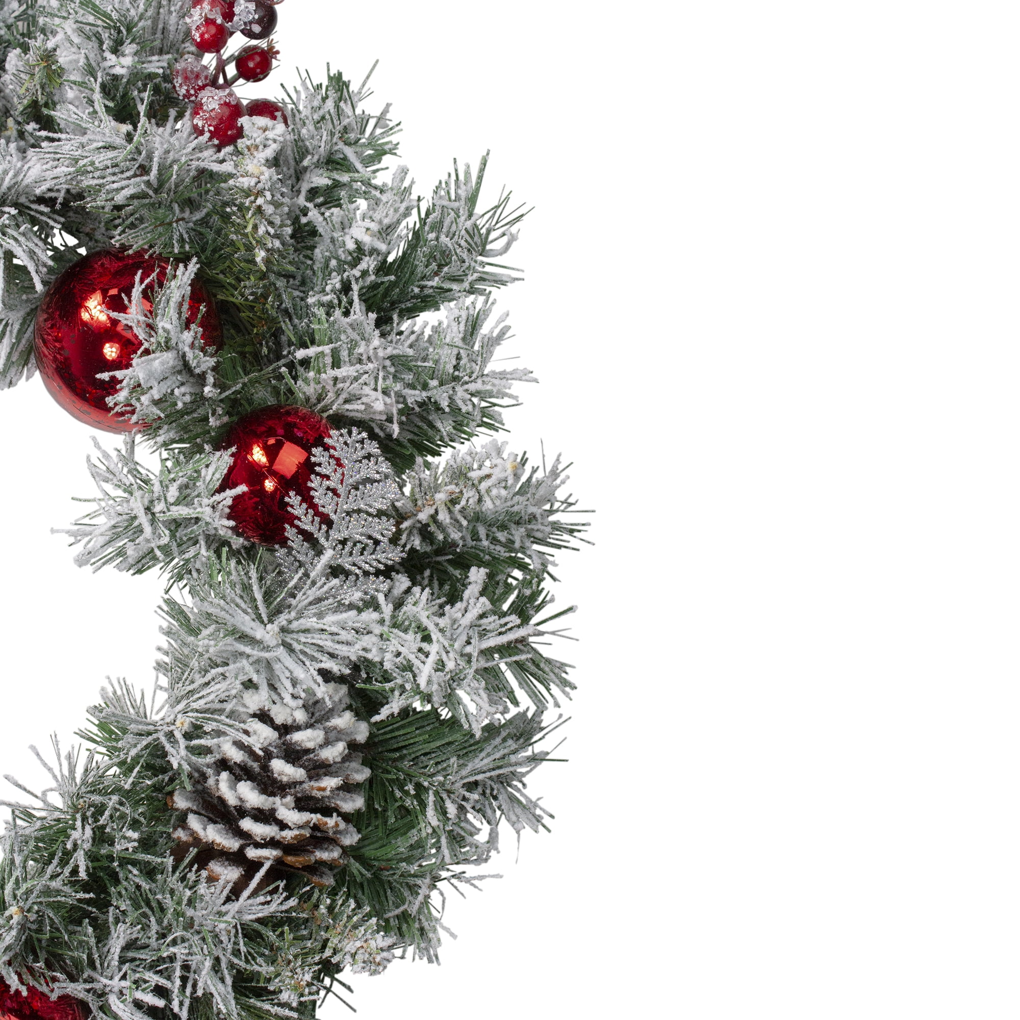 24" Flocked Pine Red Ball Berries & Silver Cedar Artificial Christmas Wreath - Unlit