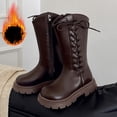 thumbnail image 2 of Miluxas Kid's Girls Leather Lace up Side Zipper Mid Calf Combat Riding Boots Winter Fleece Lined Warm Casual Boots (Toddler/Little Kid/Big Kid) Brown 3.5M(37), 2 of 8
