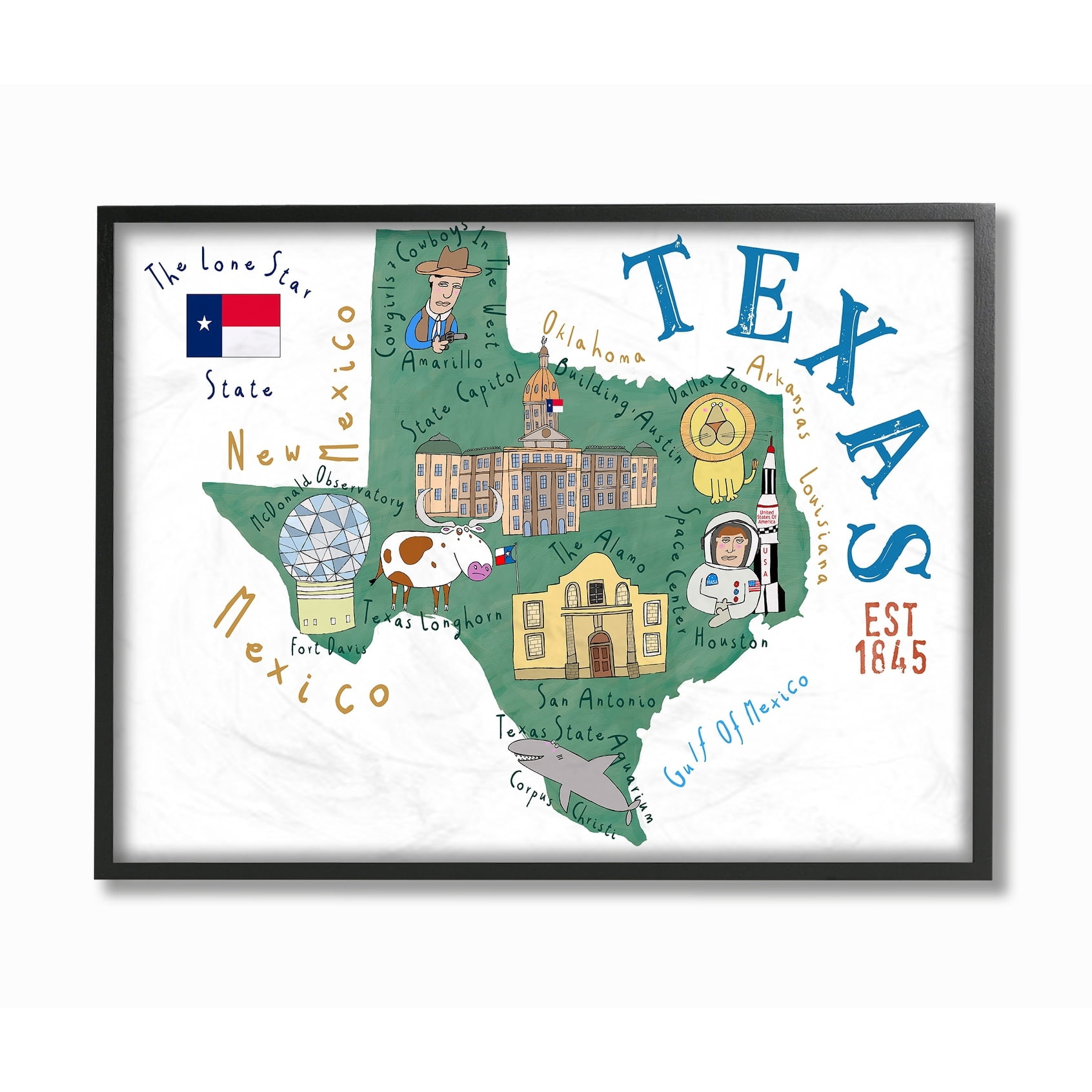 Stupell Texas Landmarks and Flag Illustrated Map Framed Art, 11 x 14, Design By Artist Carla Daly - Multi-Color 11 x 14