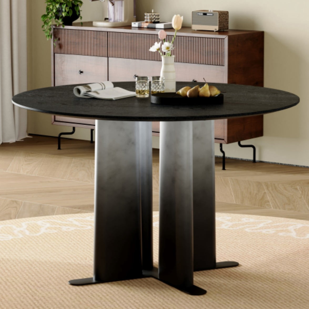 Round Black Wood Grain Dining Table, Modern MDF Kitchen Table for 2-4 People, Gradient Cross Base, Compact Table for Small Spaces, Black & White