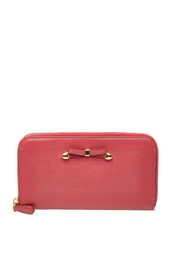 Pre-Owned Prada Ribbon Round Zip Long Wallet in Pink Saffiano Leather for Women