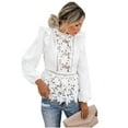 thumbnail image 3 of Women Lace Hollow Blouses Ruffles Long Sleeve O-Neck Patchwork Shirts Tops, 3 of 4