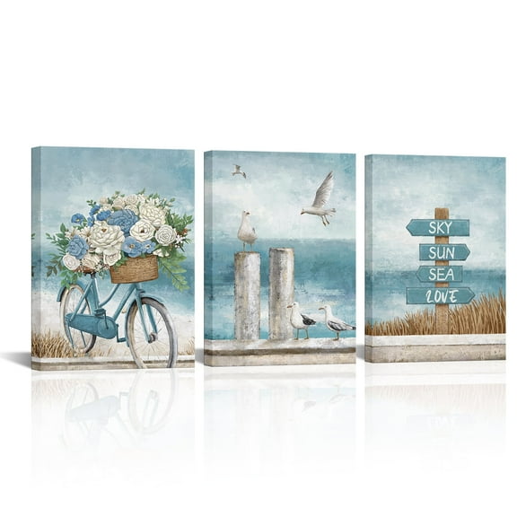 Coastal Beach Canvas Wall Art 3 Pieces Boat Seagull Bike Pictures Ocean Painting Print Seascape Theme Living Room Decor Frame (12x16inchx3Pcs)
