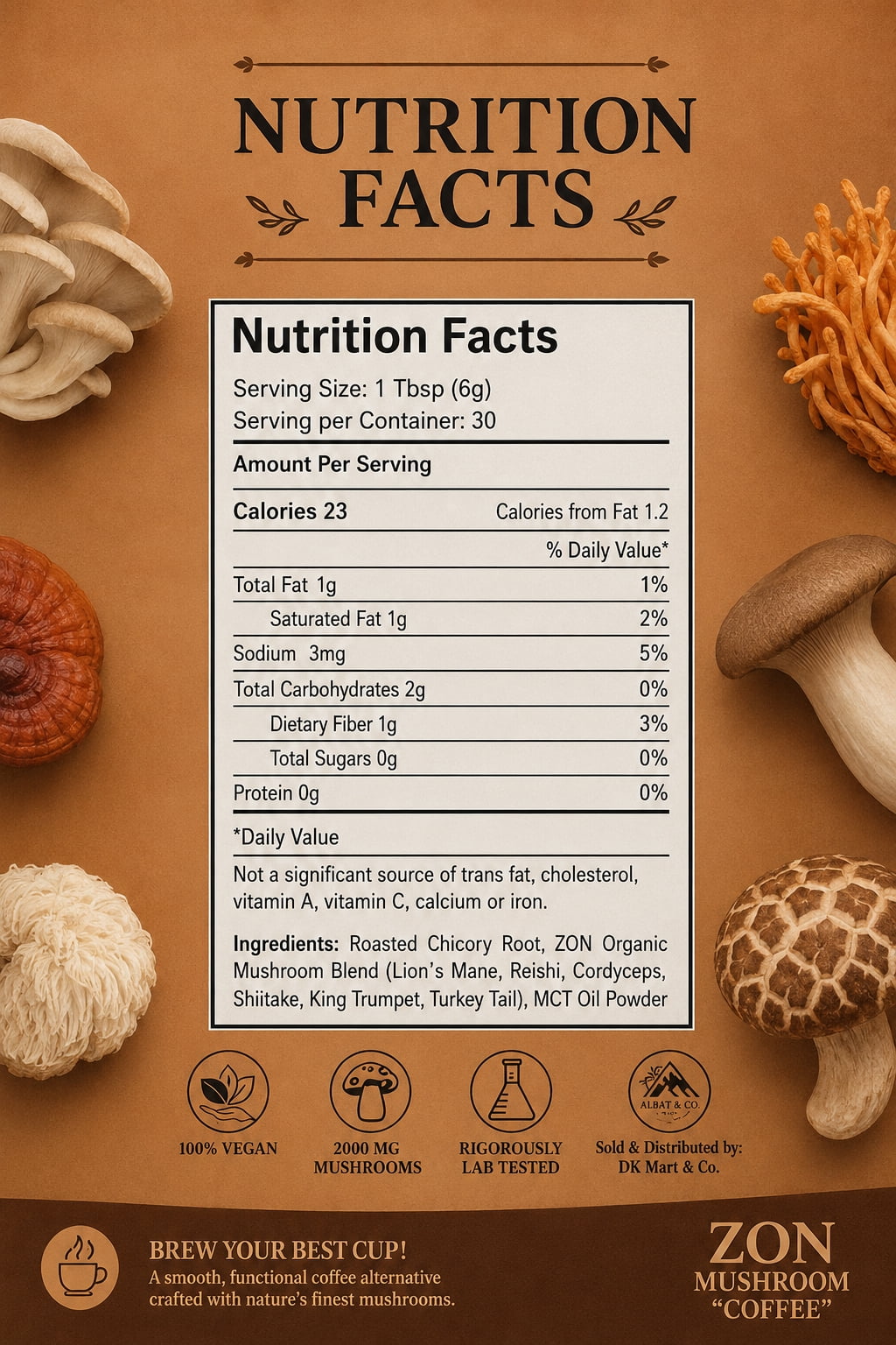 ZON Mushroom Coffee Alternative, Caffeine Free Instant Chicory Blend with Lions Mane, Reishi, Cordyceps, Turkey Tail, Shiitake & King Trumpet, MCT + Coconut Oil Powder,  180g (30  Servings)