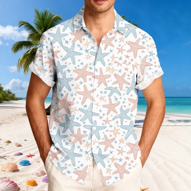 Ceisia Men's Relaxed Fit Macaron Starfish Print Hawaiian Shirt Short Sleeve Summer Beach Casual Button Down Shirt (S-5XL) Gifts