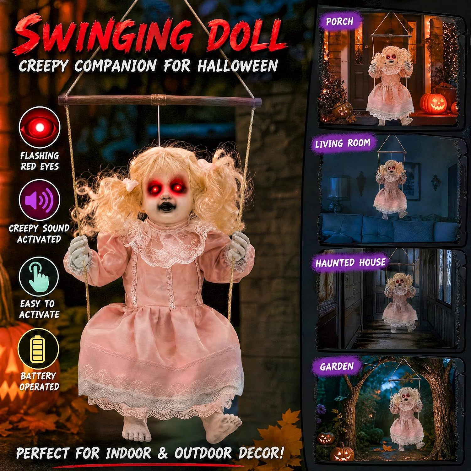 Halloween Animatronic Hanging Swinging Doll with Lighted Eyes and Creepy Sounds, Sound Activated Haunted House Prop for Indoor and Outdoor Decor