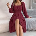 thumbnail image 6 of Ailaofu Women's Solid Color Square Neck Long Sleeve Tie Waist Ruffle Hem A-Line Casual Midi Dress, 6 of 7