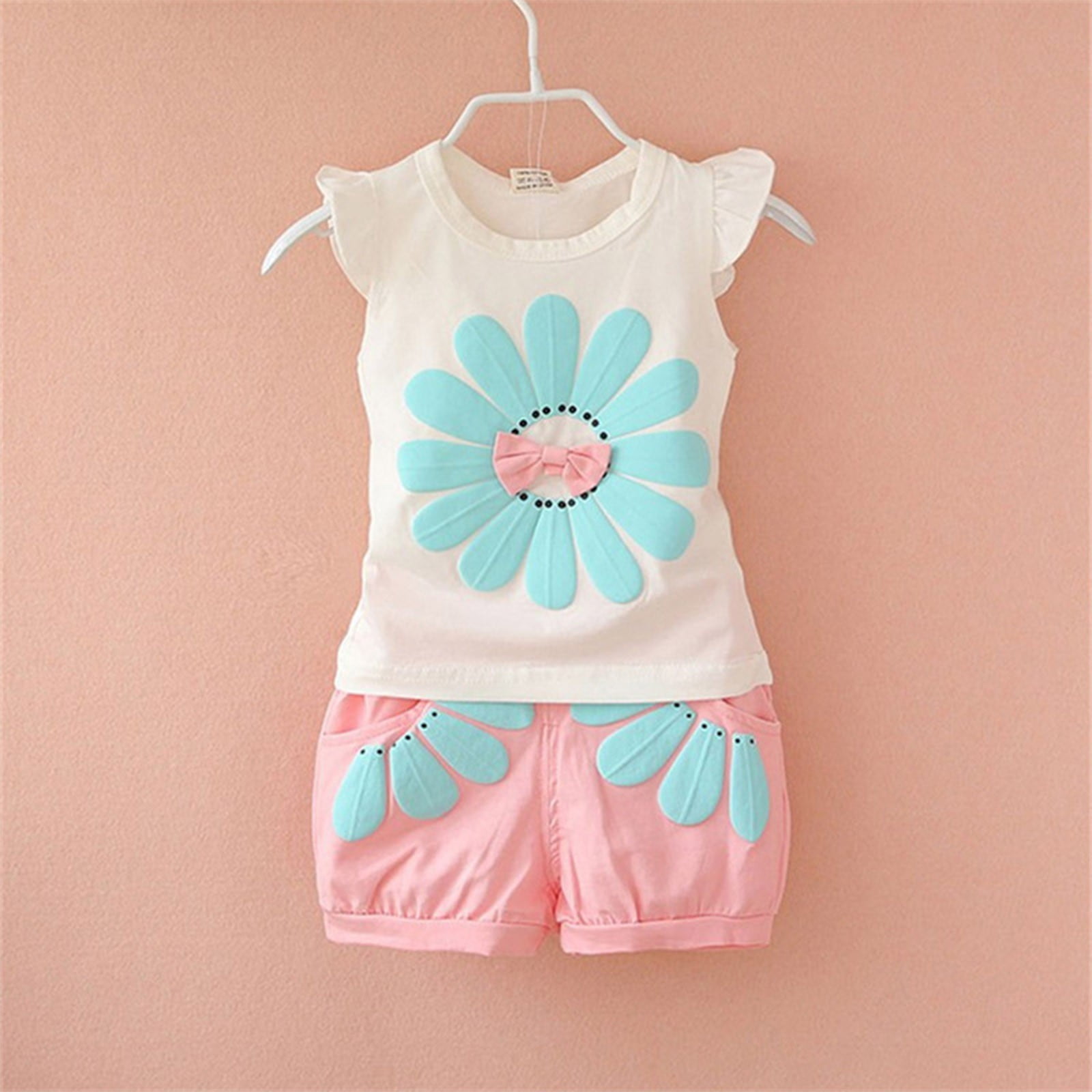 Zshosam Girls Summer Sets Toddler Baby Girl Summer Clothes Ribbed Knit Cute Summer Outfits Short Sleeves 2 Pieces Shorts Set Size 18 24 Months,(Pink 18-24 Months)