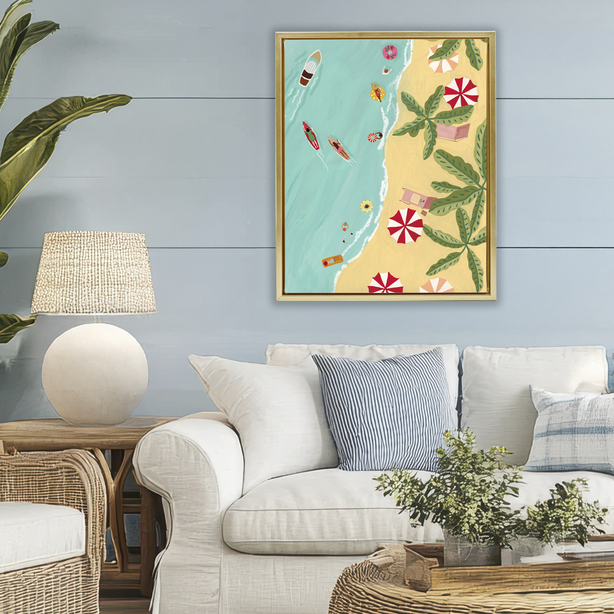 Busy Beach Day Hangout Gold Framed Floater Canvas Wall Art, design by Nabeela Rumi