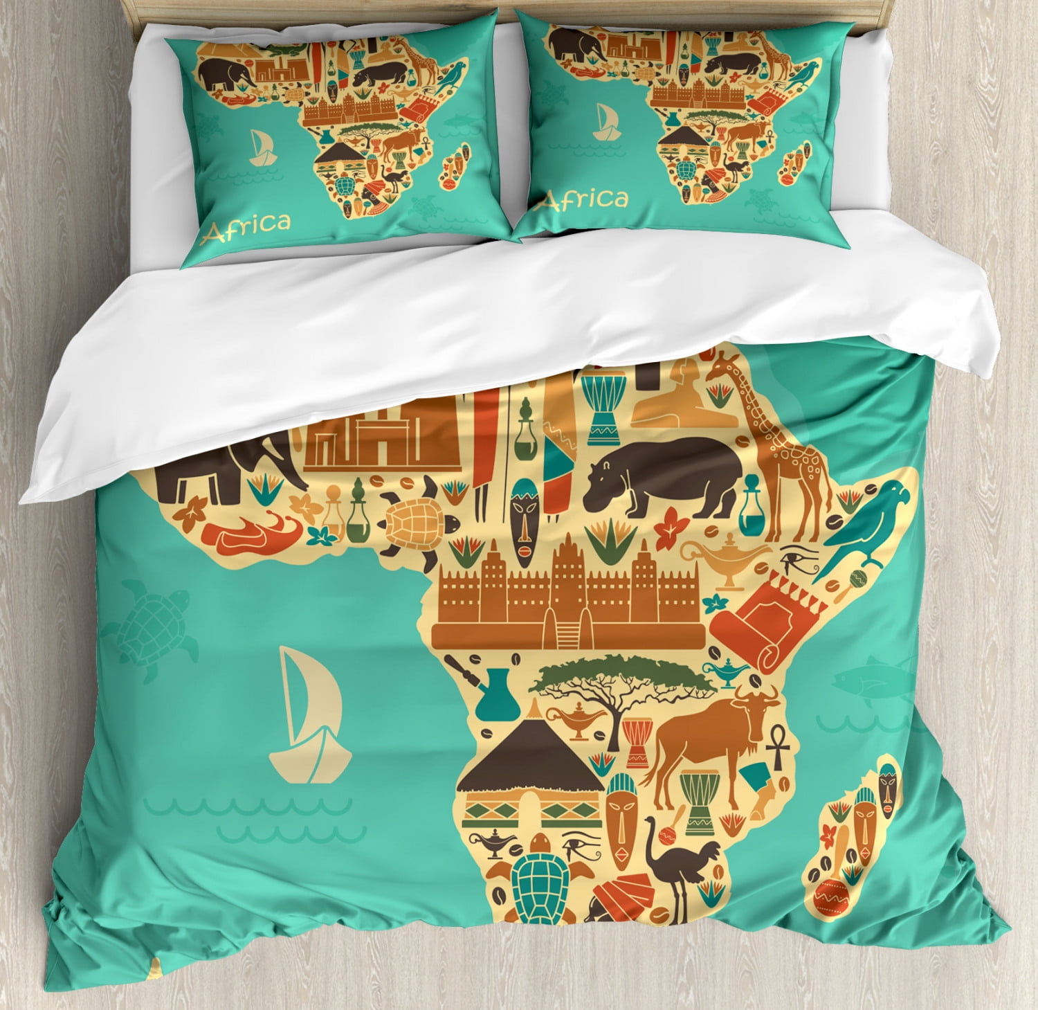 Africa Duvet Cover Set King Size, Savannah Map Tribal Folk Culture
