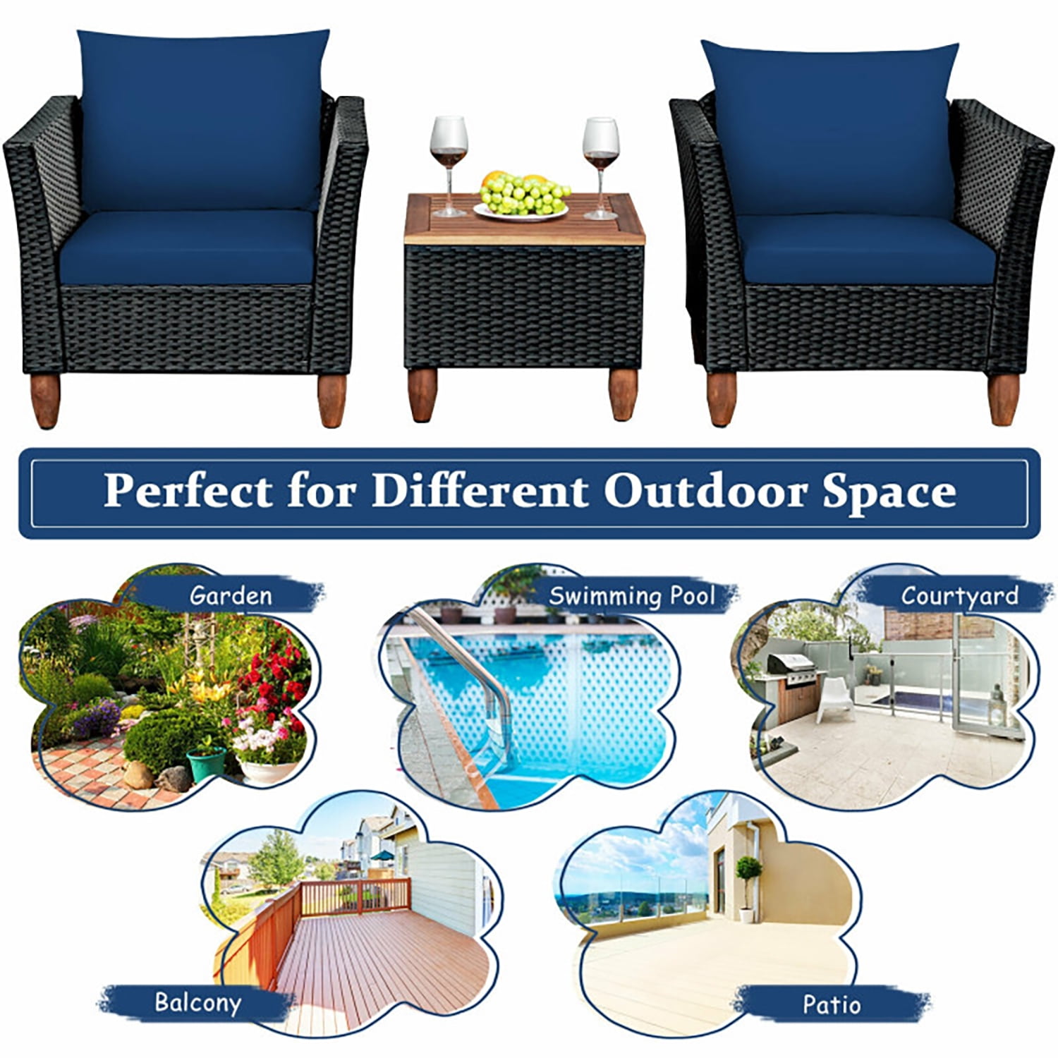 Aimee Lii 3 Pieces Outdoor Patio Rattan Furniture Set with Coffee Table, Modern Patio Furniture, Navy
