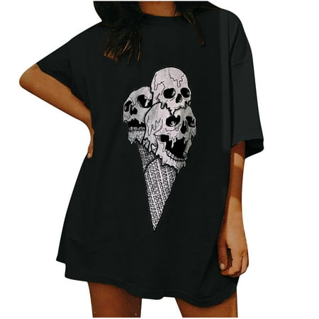 

Long Sleeve Shirts for Women Long Sleeve Crop Top Woman Ladies Dropped Shoulder Sleeves Distressed Retro Skull Print Loose Fit Short Sleeve Top Going Out Tops Square Neck Tops for Women Black L