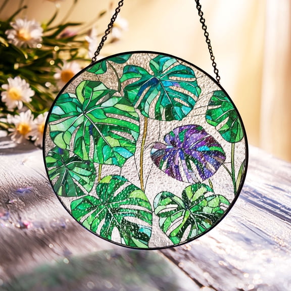 Acrylic Jungle Leaves Window Hanging, Stained Glass Inspired Monstera Plant Decor, Ideal for Indoor Decoration and Parent Gifts