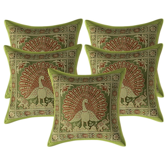 Stylo Culture Ethnic Decorative Throw Pillow Covers 12 x 12 Jacquard Olive Green Square 30cm x 30cm Home Decor Brocade Peacock Elephant Zippered Cushion Covers | Set Of 5