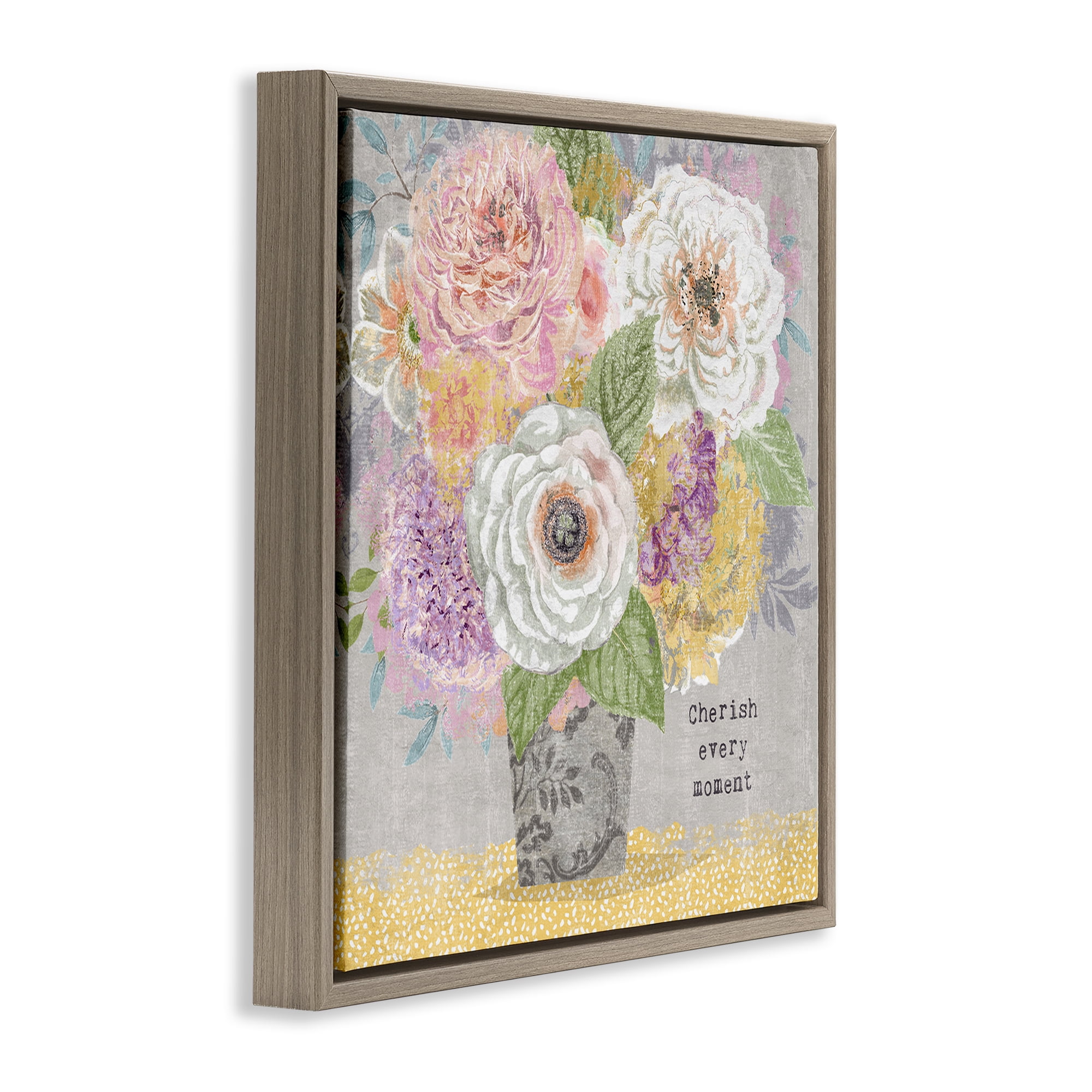 Stupell Industries Cherish Every Moment Inspiration Brown Framed Floater Canvas Wall Art, design by Suzanne Nicoll