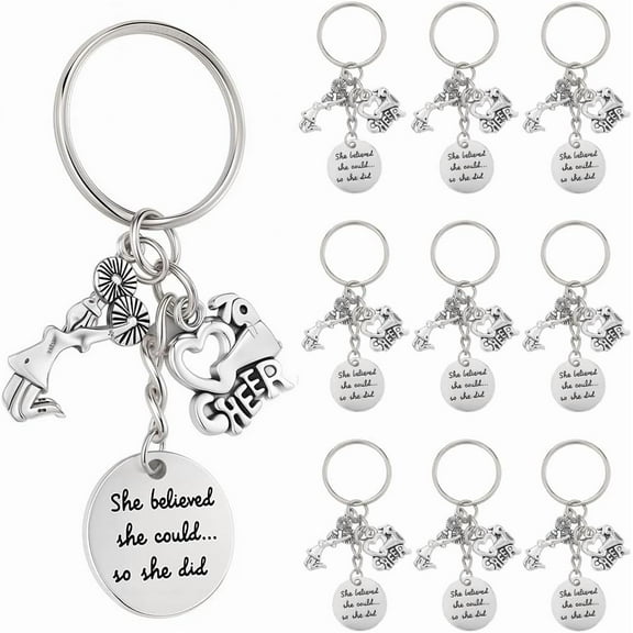 1 Box 20Pcs Silver Cheer Keychains Inspire Key Chain Bulk Metal Alloy Cheerleader Stuff Team Pom Pom Decoration Charm Keyring for Cheerleading Jewelry DIY Craft Keepsake Accessories