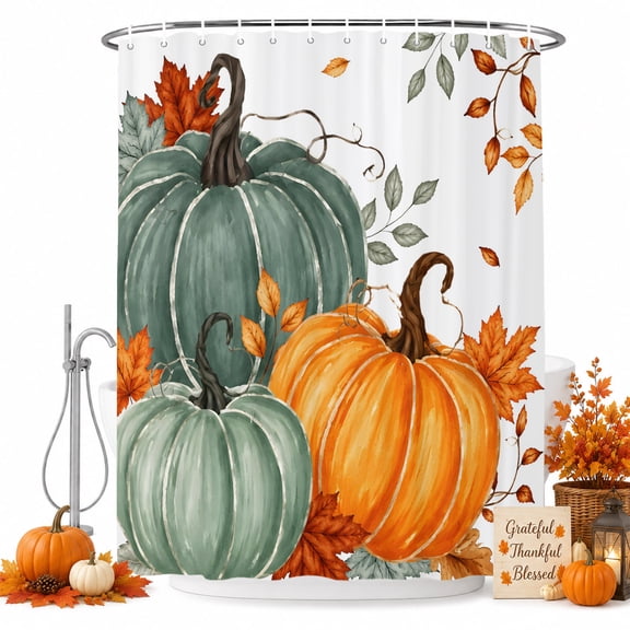 Green Orange Fall Shower Curtain Set - Long 72" x 84" Washable Bathtub Curtain with 12 Hooks, Thanksgiving Pumpkins Autumn Leaves Waterproof Fabric Stall Shower Curtains for Bathroom/Bathtub Décor