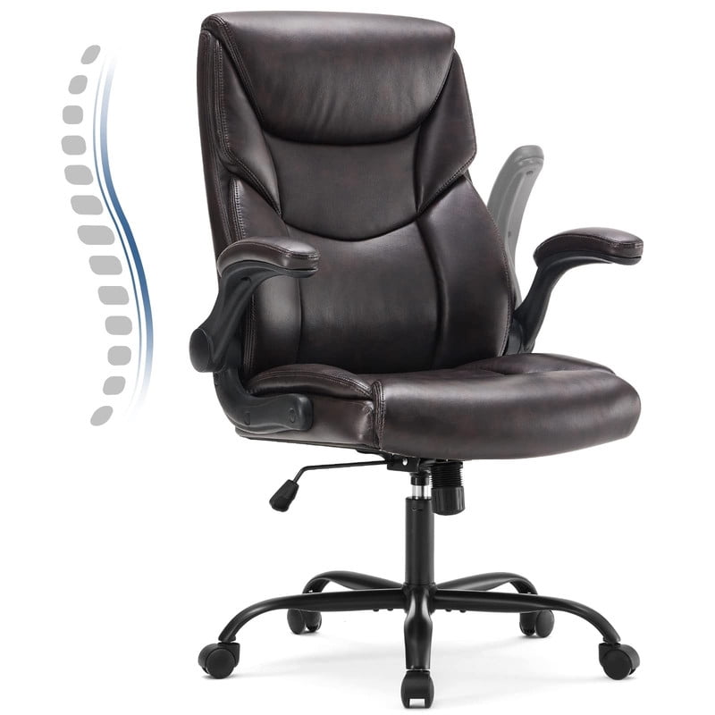 Kelno PU Leather Executive Office Chair with Flip Up Armrest Ergonomic Drafting Chair,Brown