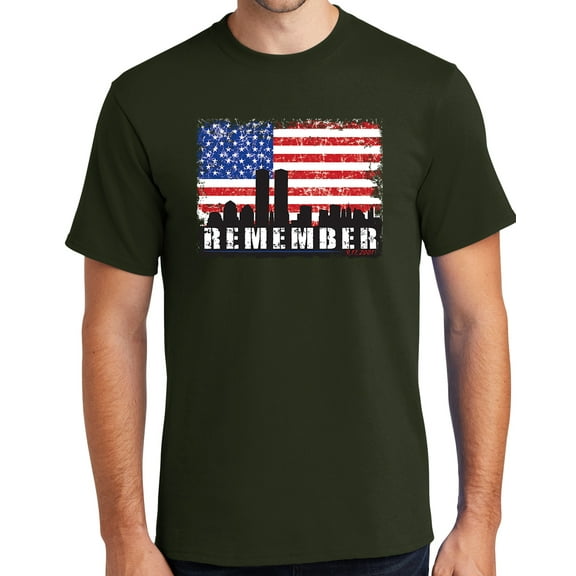 Mens Remember 9-11, 2001 Sept 11th Cotton Tee Shirt, 3XL Olive Green (TALL SIZE)