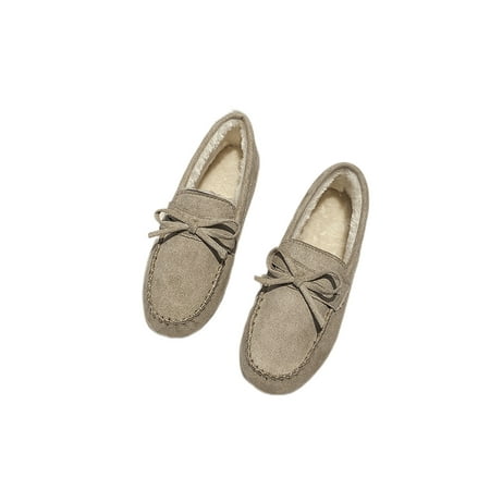 

SIMANLAN Women s Fashion Warm Loafers Slip Resistant Slip On Dress Shoe Travel Lightweight Round Toe Fuzzy Loafer Khaki 6.5