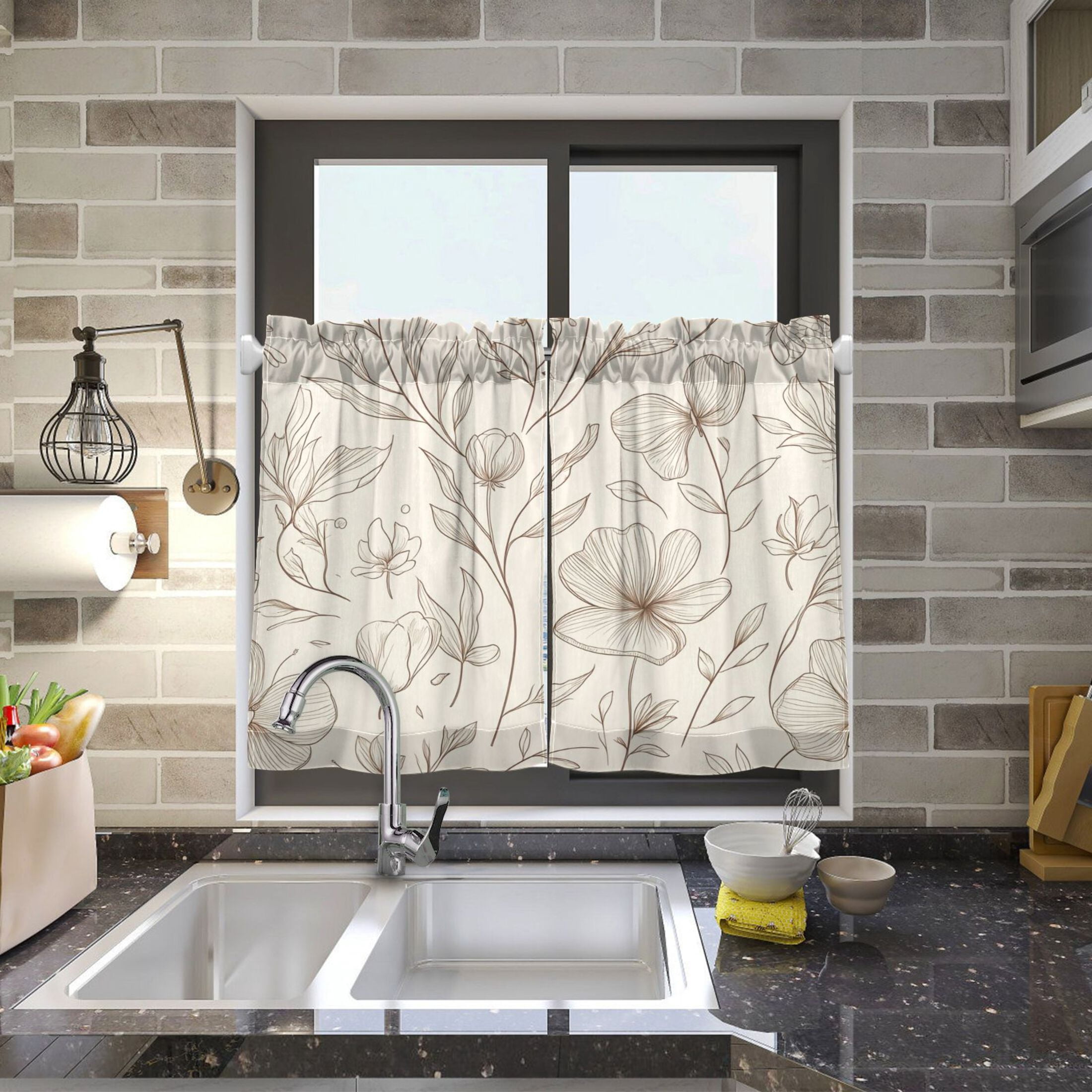 Elegant Line Art Floral Pattern 27"x36" Linen Look Cafe Curtain Set with Privacy and UV Protection