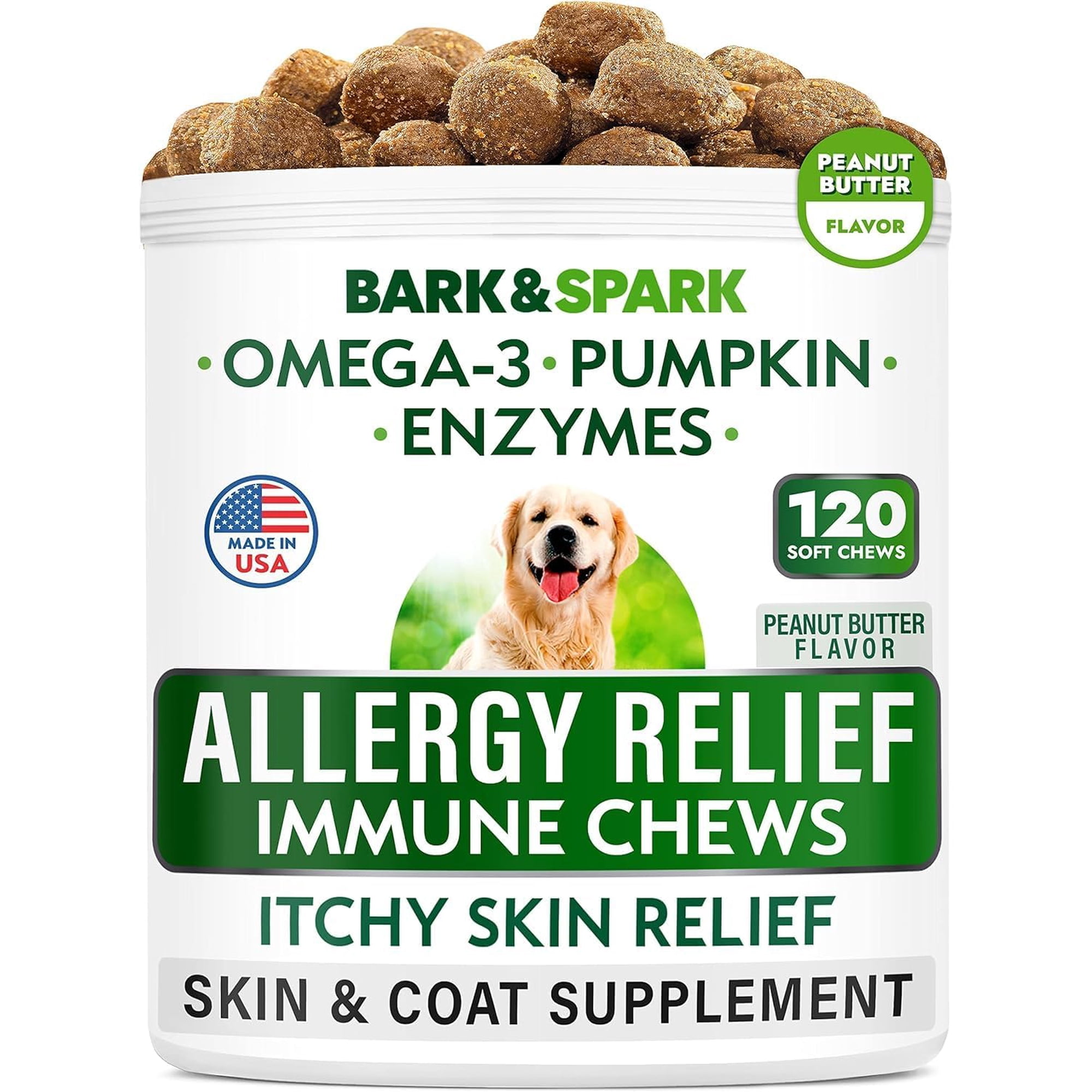 Bark&Spark Dog Allergy Relief Chews - Omega-3 Fish Oil, Anti-Itch - Itchy Skin, Paw Licking & Hot Spots - Skin & Coat Support (120 ct)