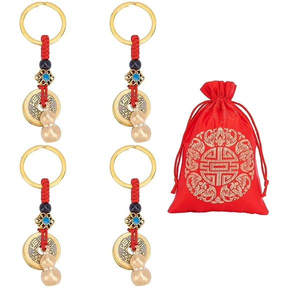4 pcs Feng Shui Money Key Chains Wu Lou Gourd Keychains with Chinese Feng Shui Coins Pendants with Gourd Five Emperor Money and 1 Pc Red Blessing Bag for Longevity Wealth and Success DIY