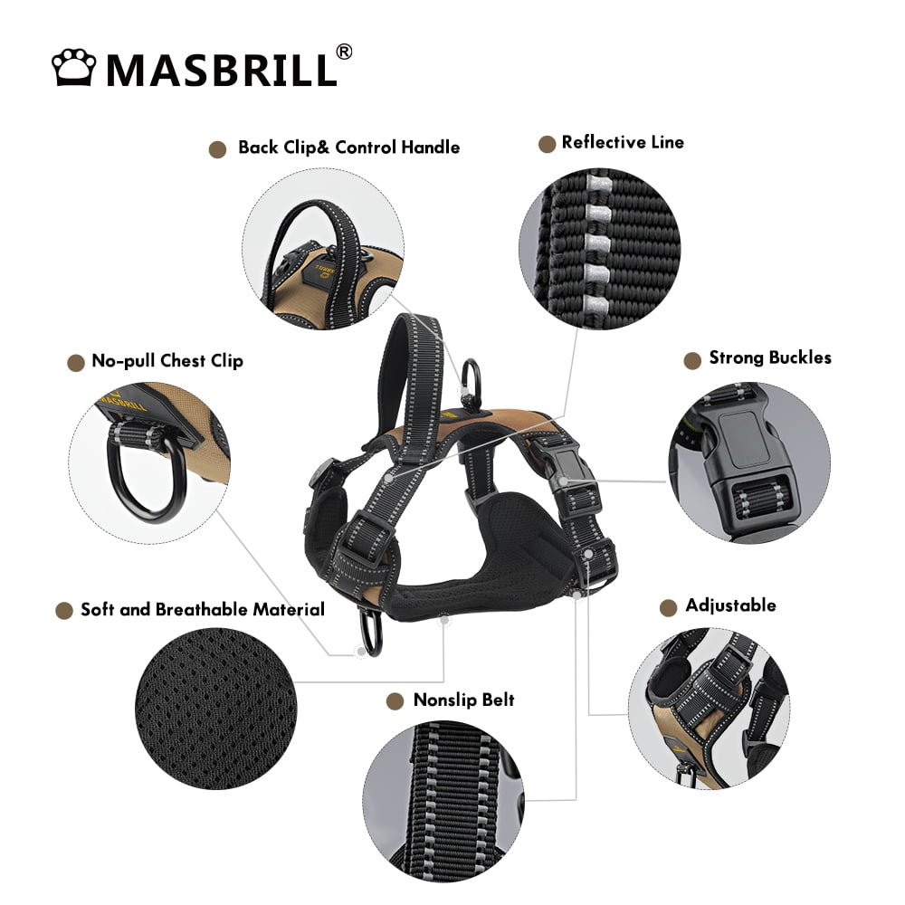 MASBRILL Reflective Dog Harness No Pull Dog Vest Harness with Handle, Breathable Padded Dog Chest Harness Adjustable for Large Dog-Brown XL