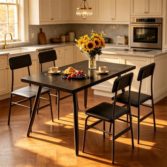 Lofka 5 Piece Black Dining Table Set for 4, Modern Small Kitchen Table Set with 4 Upholstered Chairs for Apartment, Home Office