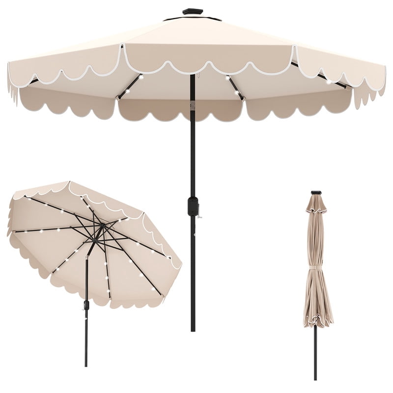 LIVIZA 10 Ft Solar Patio Umbrella with 24 LED Light, Outdoor Umbrella with 8 Reinforced Ribs for Garden, Backyard, Pool,Beige