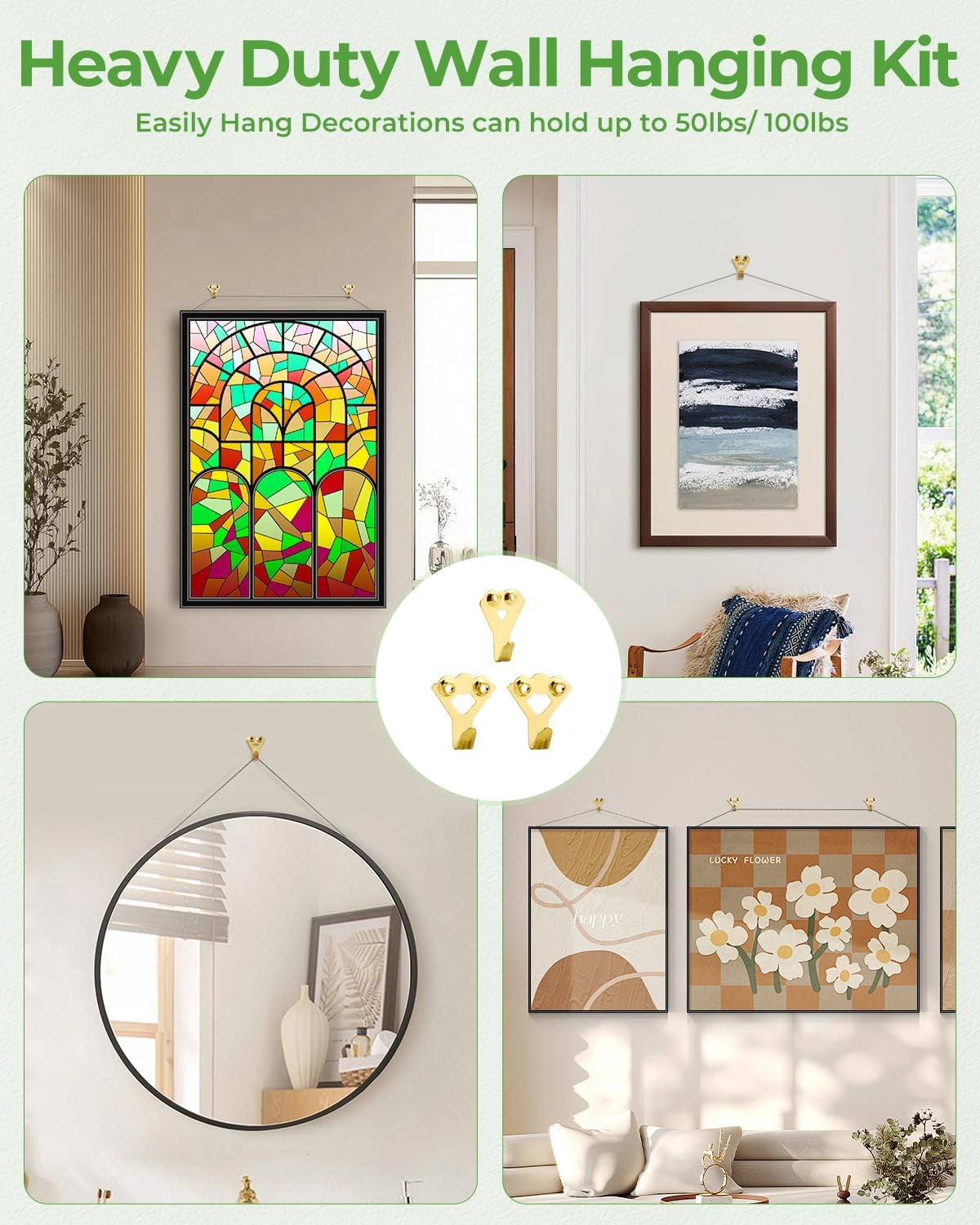 Picture Hanging Wire Kit Heavy Duty, 70PCS Mirror Hanging Kit for Large Frame/ Mirror up to 50lbs/ 100lbs, Including Adjustable Picture Wire, Hooks, D Rings, Frame Backing Clip, Mini Level