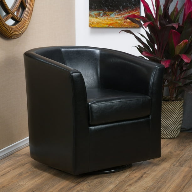 Noble House Arden Black Bonded Leather, Leather Swivel Club Chair Brown
