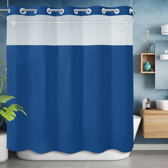 No Hooks Shower Curtain with Snap in Fabric Liner Set, Minimalism Solid Navy Blue Shower Curtains Waterproof Bathroom Curtain with See Through Top Window,Hotel Style,72x72in Modern Pure Color Art
