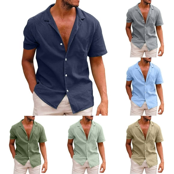 BXINGOHAI Men's Linen Shirts Short Sleeve Button Down Casual Shirt Business Dress Clothing Beach Fashion Summer Tops Fall Savings Navy,S