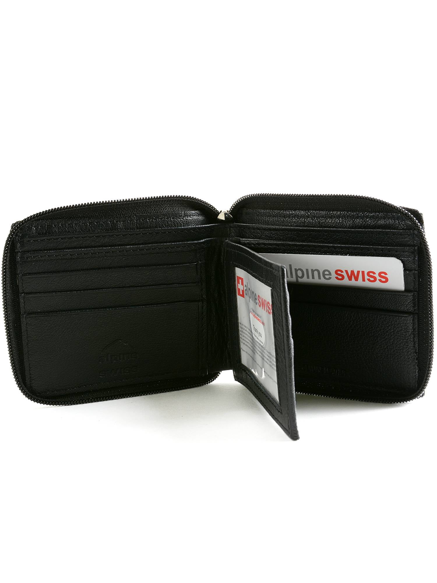 Alpine Swiss Mens Womens RFID Blocking Zipper Wallet Leather Zip Around Bifold - Black
