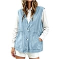 thumbnail image 1 of BXJX Womens Denim Vests, Button Front Fashion V Neck Sleeveless Jeans Waistcoat with Pockets Light Blue Size XL, 1 of 6