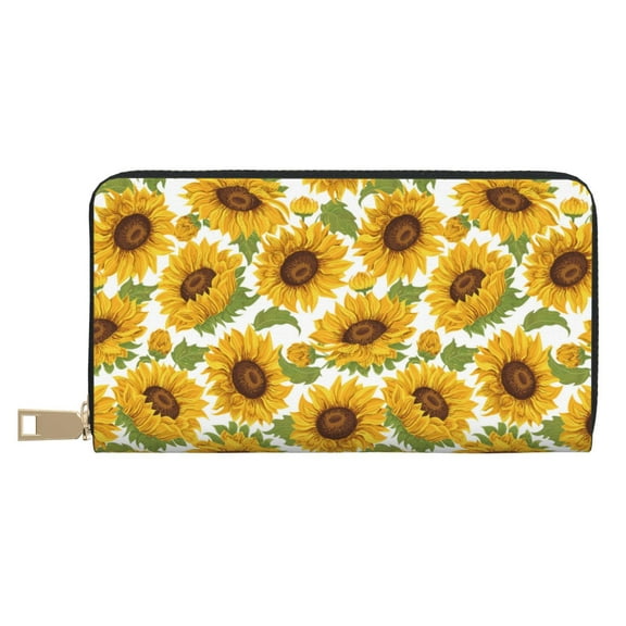 Leather Thin Slim Wallets for Women Men - Yellow Sunflowers Clutch Card Wallet for Women Men with Zipper