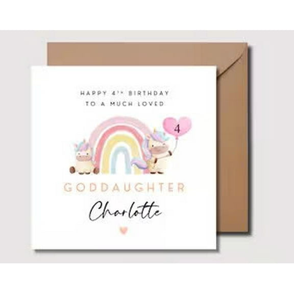 Personalized 4th Birthday Card for Goddaughter – Cute Unicorn and Rainbow Design – Customizable Name – Envelope Included – Perfect Gift for Celebrating Special Moments